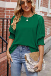 Round Neck Smocked Lantern Sleeve Blouse Green Blouses - Tophatter Daily Deals