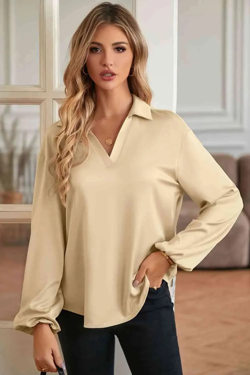 Johnny Collar Lantern Sleeve Blouse Sand Blouses - Tophatter Daily Deals