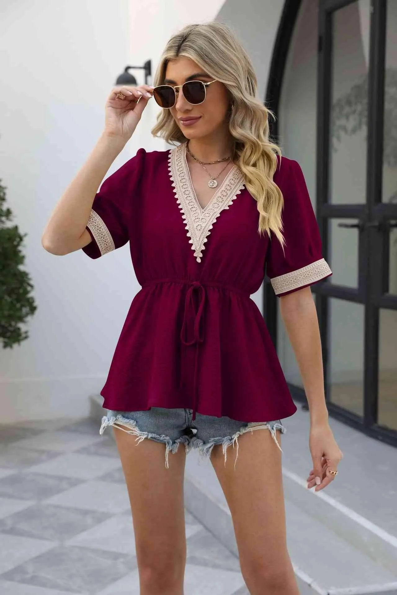 V-Neck Puff Sleeve Babydoll Top Wine Blouses - Tophatter Daily Deals