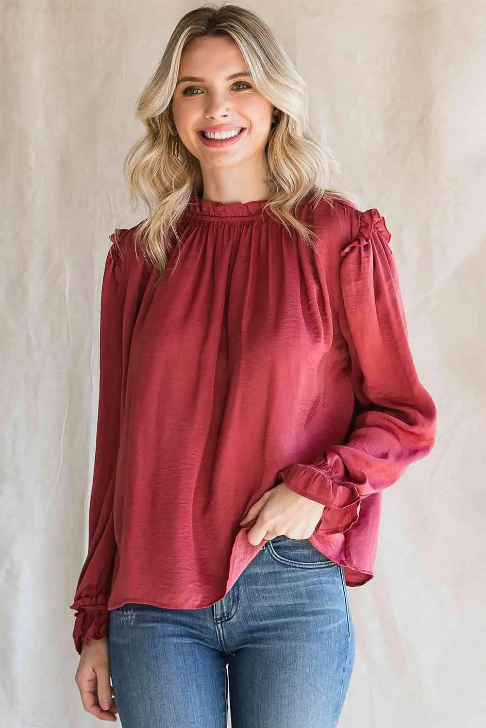 Frilled Neck Long Flounce Sleeve Blouse Blouses - Tophatter Daily Deals