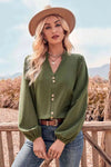 V-Neck Balloon Sleeve Button-Up Blouse Blouses - Tophatter Daily Deals