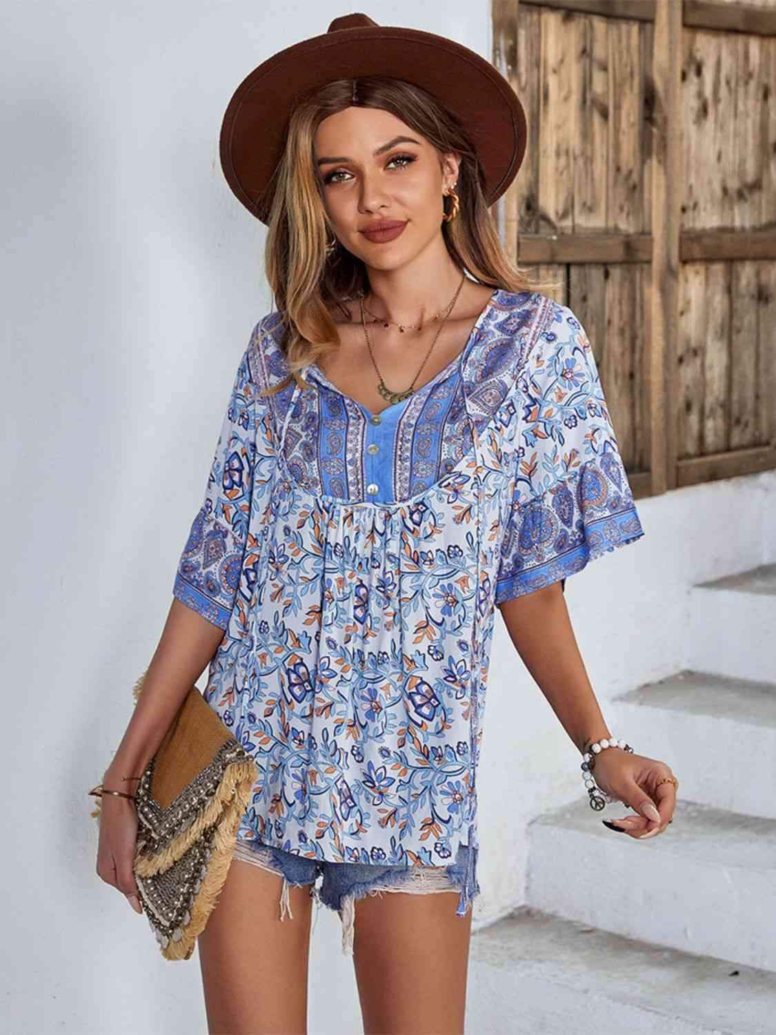 Printed Tie Neck Half Sleeve Tunic Blouse Cobalt Blue Blouses - Tophatter Daily Deals