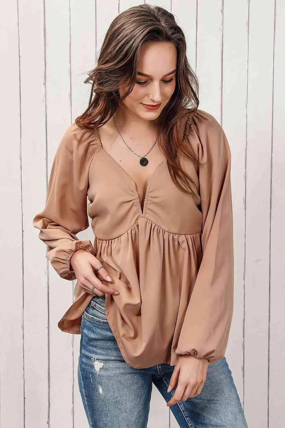 Double Take Tie Back Smocked Long Sleeve Babydoll Blouse Blouses - Tophatter Daily Deals