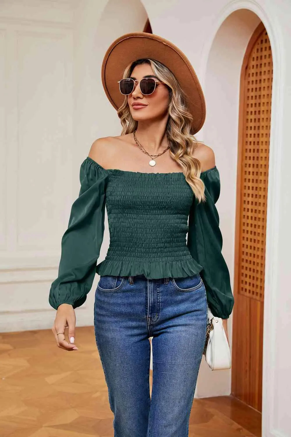 Smocked Off-Shoulder Ruffle Hem Blouse Blouses - Tophatter Daily Deals
