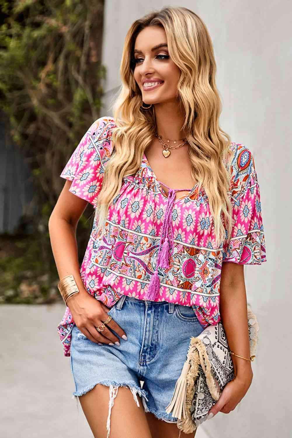 Bohemian Tied Flutter Sleeve Blouse Blouses - Tophatter Daily Deals