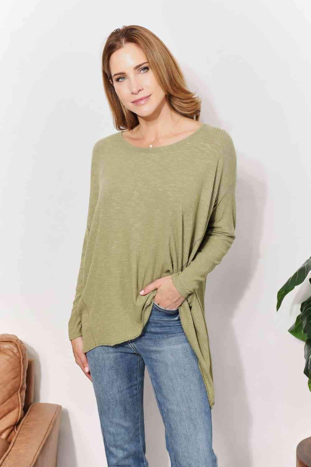 HEYSON Full Size Oversized Super Soft Rib Layering Top with a Sharkbite Hem and Round Neck Blouses - Tophatter Daily Deals