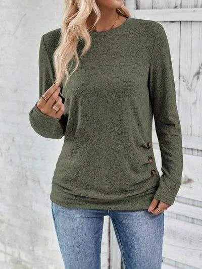 Round Neck Long Sleeve T-Shirt Army Green Women's T-Shirts - Tophatter Daily Deals