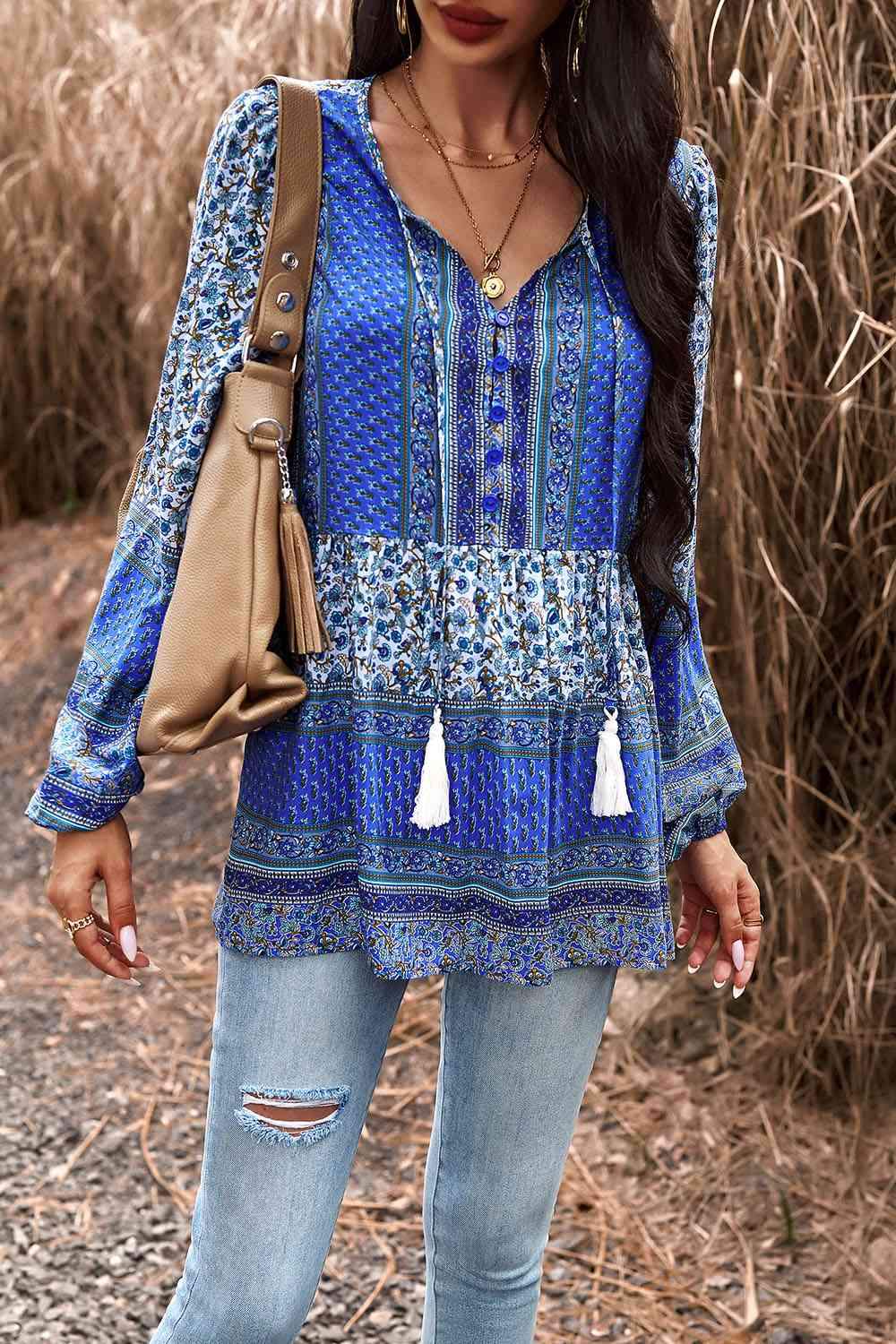 Tassel Tie Long Sleeve Peplum Blouse Blouses - Tophatter Daily Deals