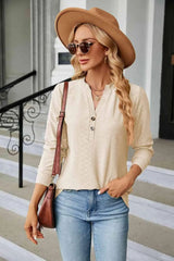 Notched Neck Long Sleeve Buttoned Blouse Blouses - Tophatter Daily Deals