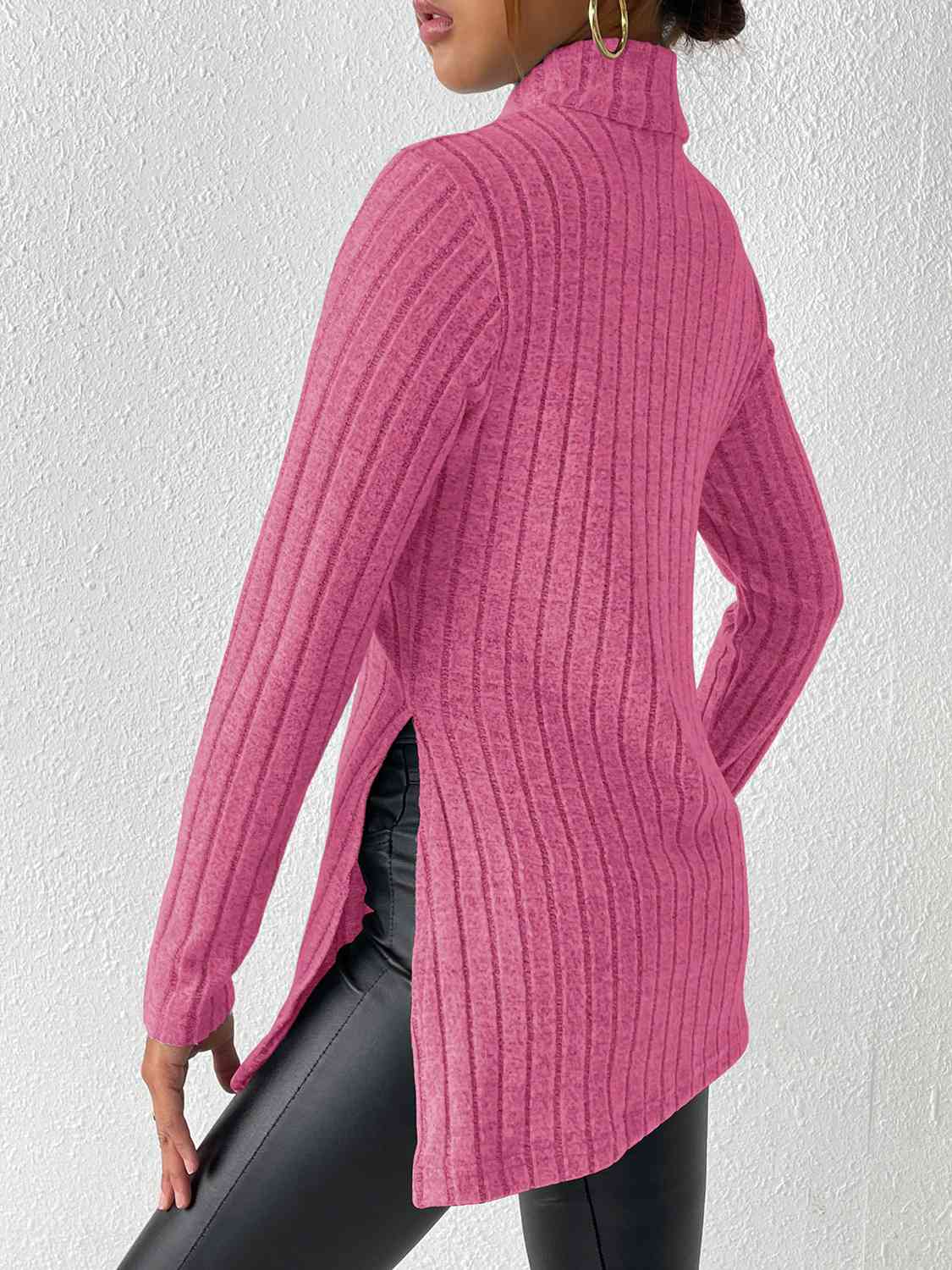 Ribbed Turtleneck Long Sleeve Slit T-Shirt Women's T-Shirts - Tophatter Daily Deals