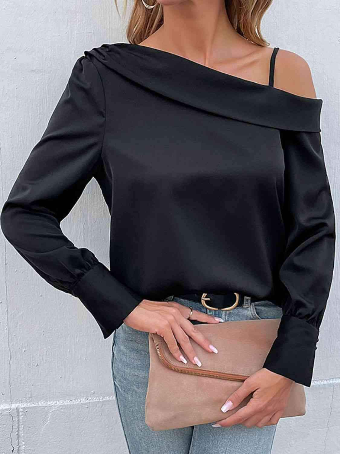 Cold-Shoulder Long Sleeve Top Black Blouses - Tophatter Daily Deals