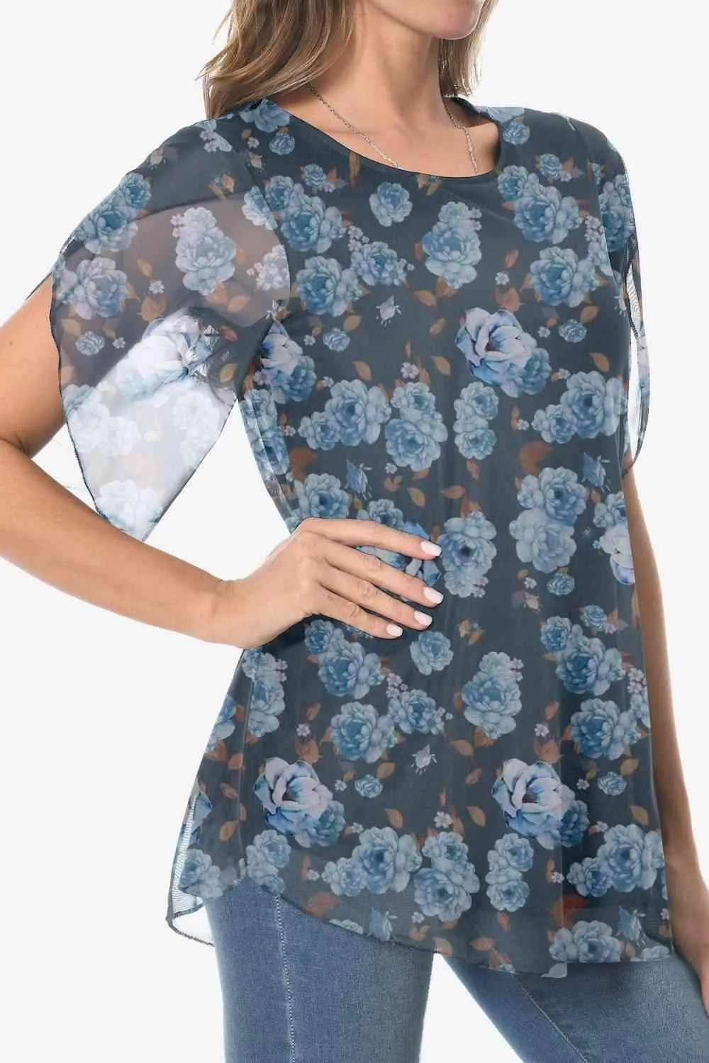 Printed Round Neck Curved Hem Blouse Blouses - Tophatter Daily Deals