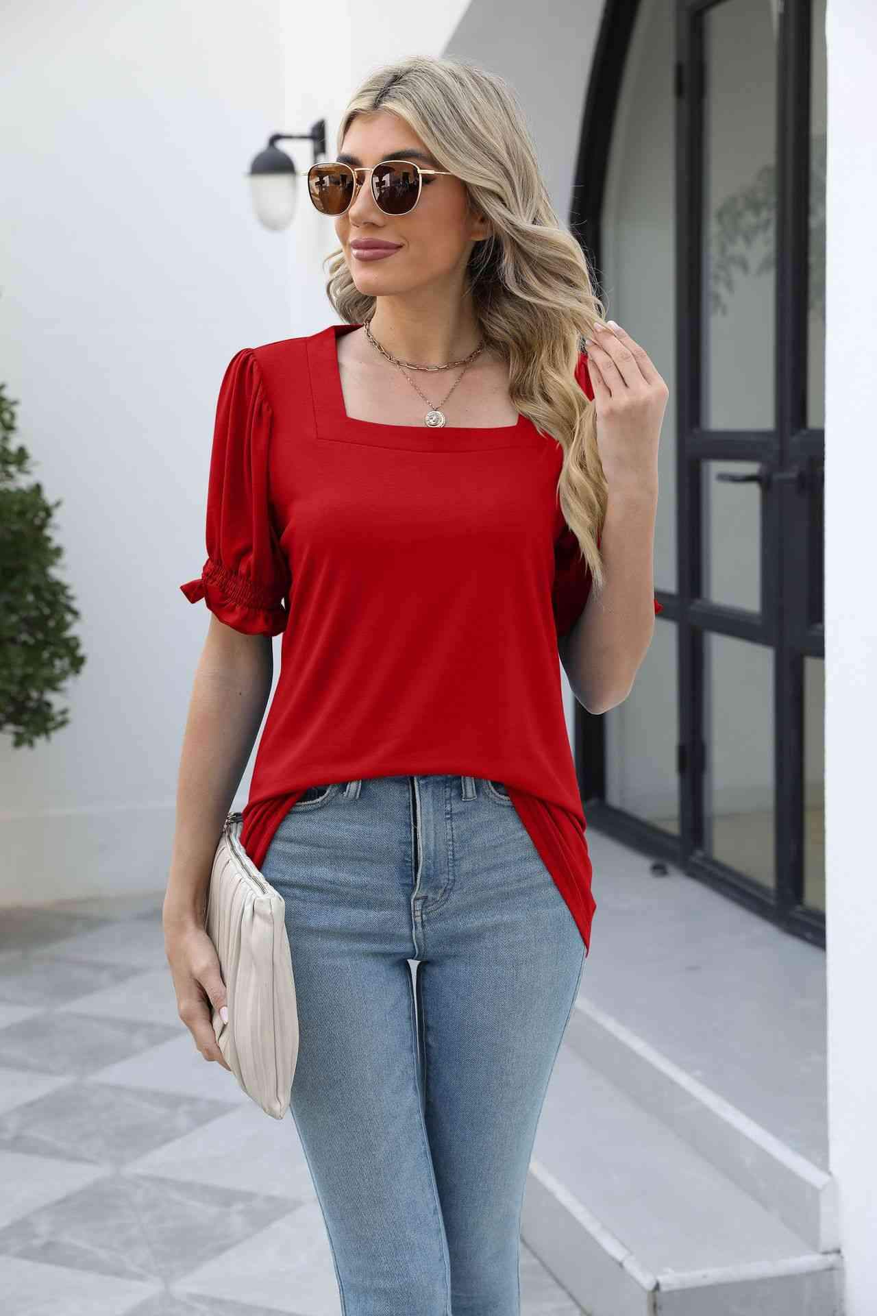 Square Neck Flounce Sleeve Top Deep Red Blouses - Tophatter Daily Deals