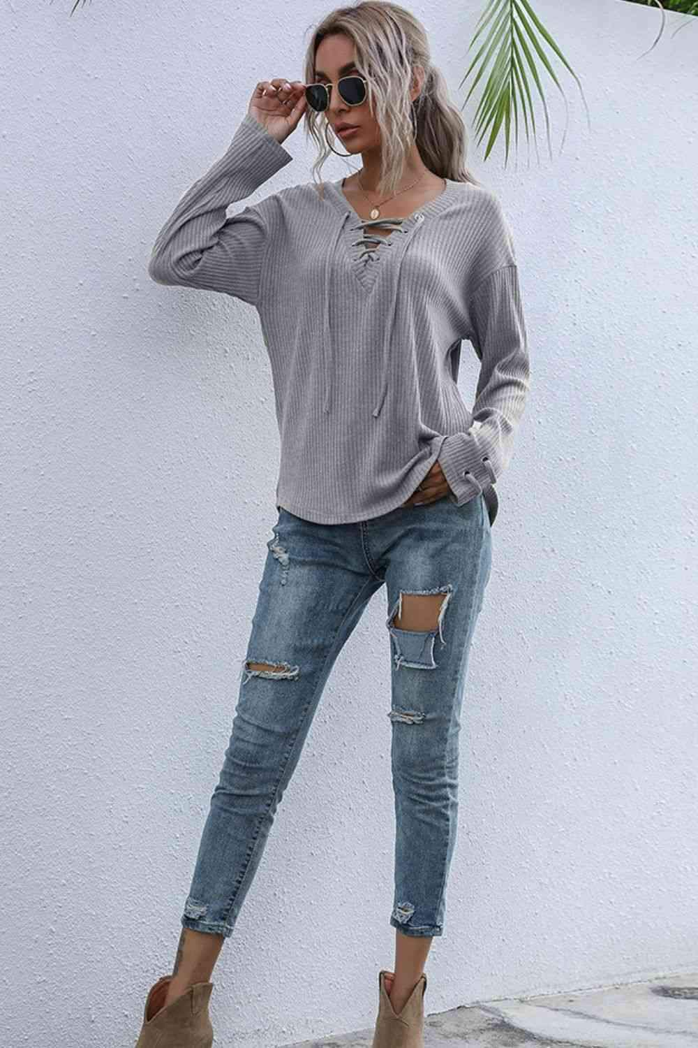 Lace-Up V-Neck Ribbed Top Blouses - Tophatter Daily Deals