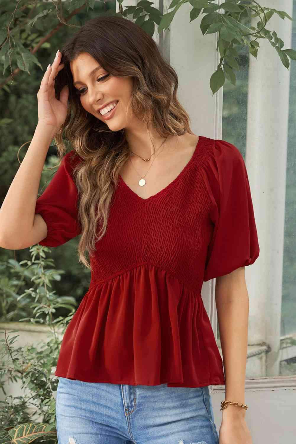 Smocked Balloon Sleeve Peplum Blouse Blouses - Tophatter Daily Deals