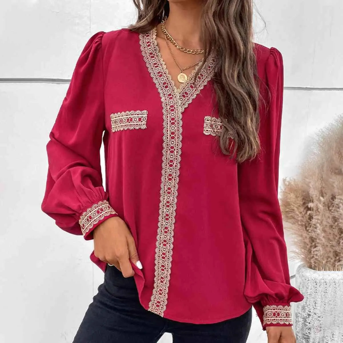 Contrast V-Neck Puff Sleeve Blouse Blouses - Tophatter Daily Deals