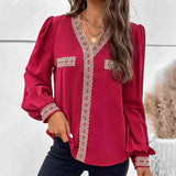 Contrast V-Neck Puff Sleeve Blouse Blouses - Tophatter Daily Deals