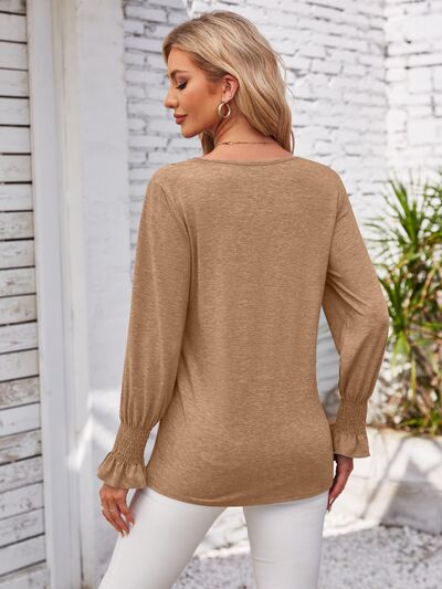 V-Neck Smocked Ruffled Long Sleeve Top Women's T-Shirts - Tophatter Daily Deals