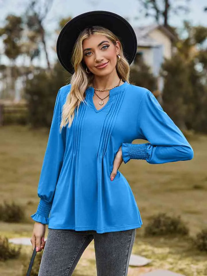 Notched Neck Flounce Sleeve Blouse Blouses - Tophatter Daily Deals