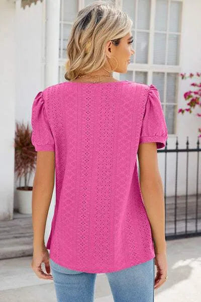 Eyelet Puff Sleeve T-Shirt Women's T-Shirts - Tophatter Daily Deals