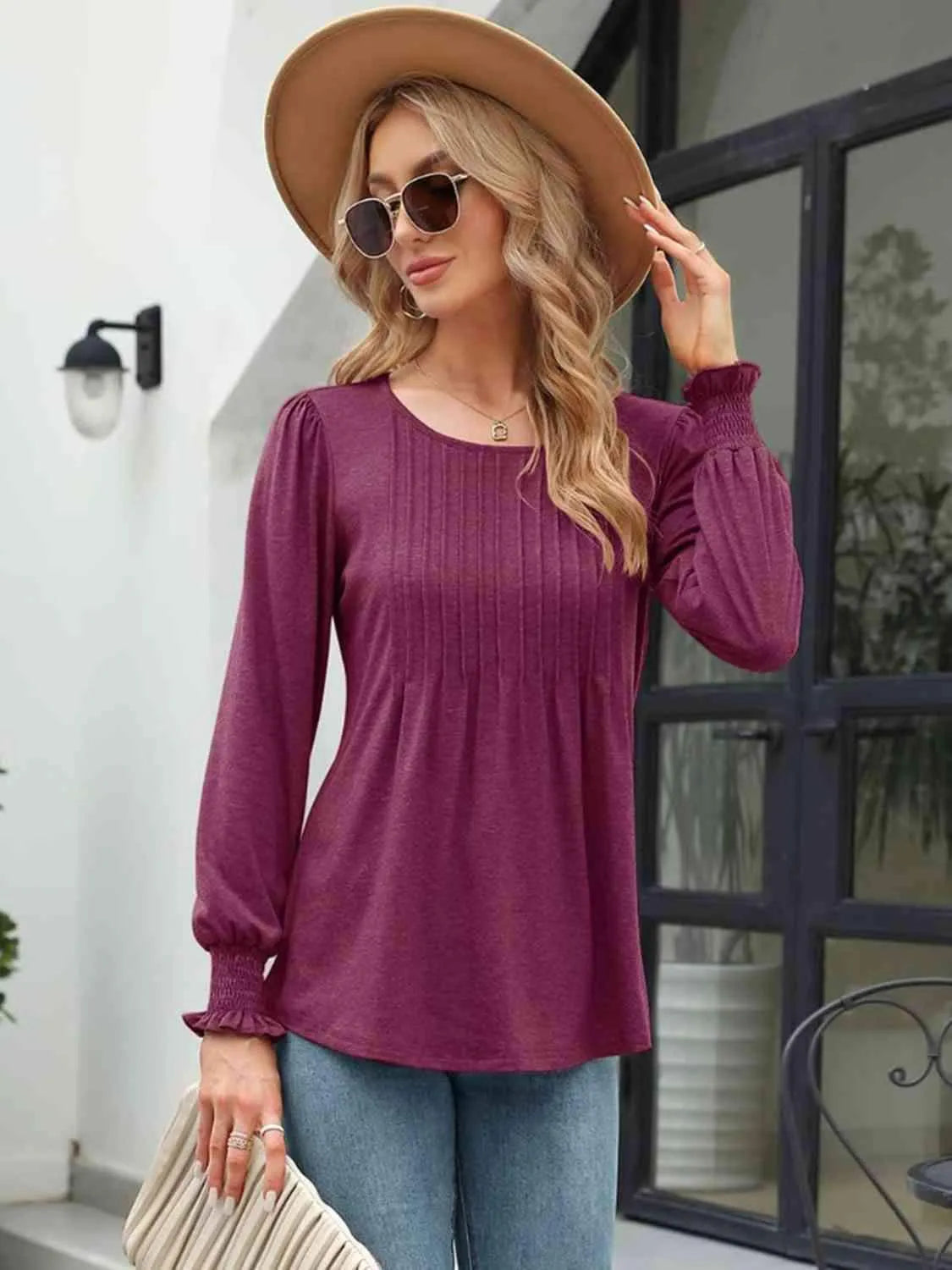 Smocked Round Neck Lantern Sleeve Blouse Blouses - Tophatter Daily Deals
