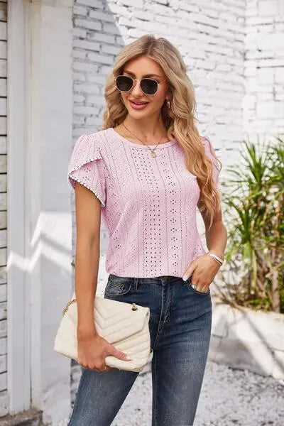 Eyelet Round Neck Petal Sleeve T-Shirt Women's T-Shirts - Tophatter Daily Deals