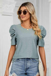 Eyelet Puff Sleeve Round Neck Blouse Teal Blouses - Tophatter Daily Deals