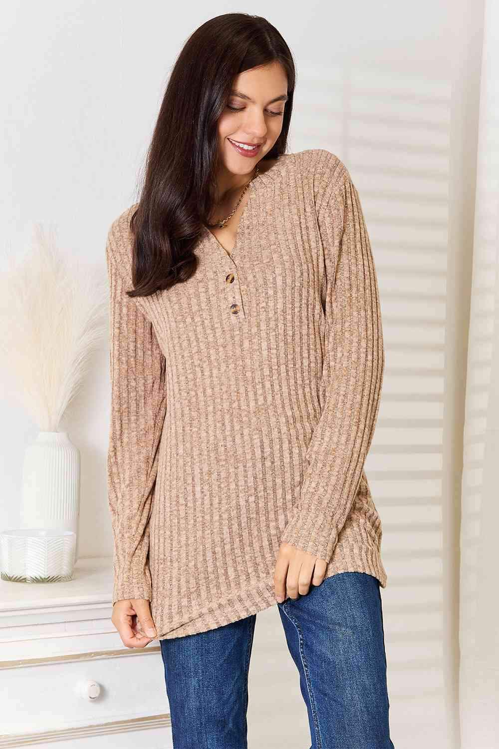 Double Take Notched Neck Ribbed Long Sleeve T-Shirt Khaki Women's T-Shirts - Tophatter Daily Deals