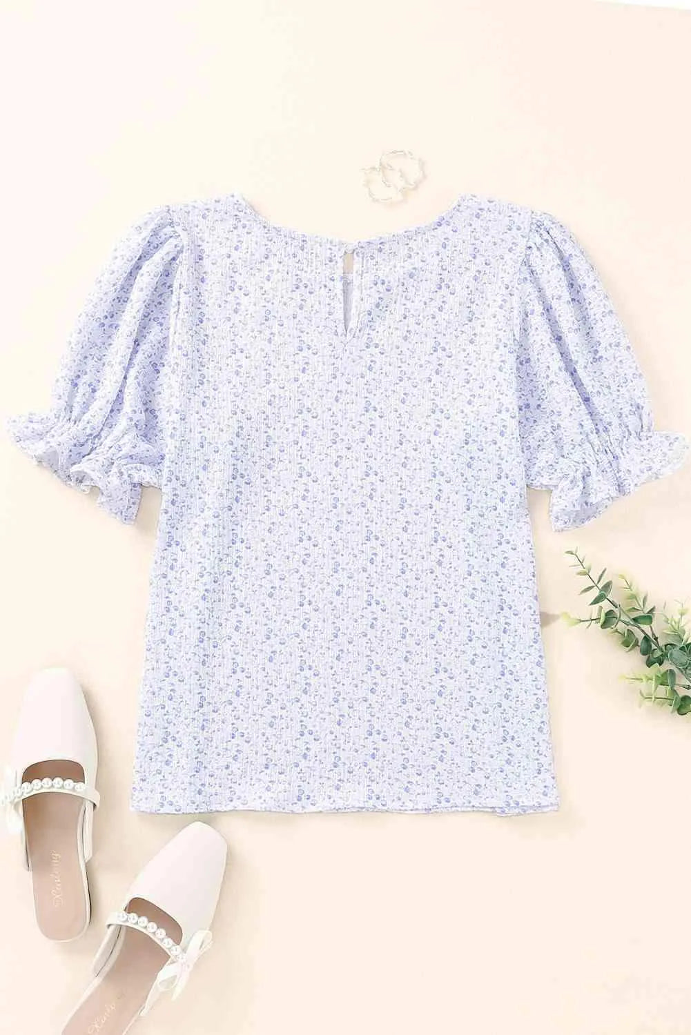Printed Round Neck Half Flounce Sleeve Top Blouses - Tophatter Daily Deals