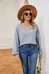 V-Neck Long Sleeve Top Misty Blue Blouses - Tophatter Daily Deals