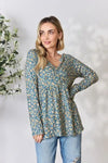 Heimish Full Size Floral Half Button Long Sleeve Blouse Dusty Teal Multi Blouses - Tophatter Daily Deals