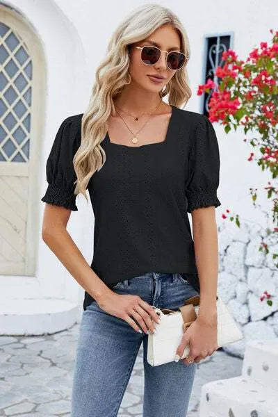 Eyelet Square Neck Short Sleeve T-Shirt Women's T-Shirts - Tophatter Daily Deals