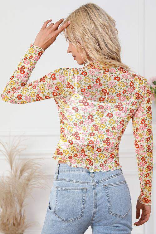 Floral Mock Neck Long Sleeve Blouse Blouses - Tophatter Daily Deals