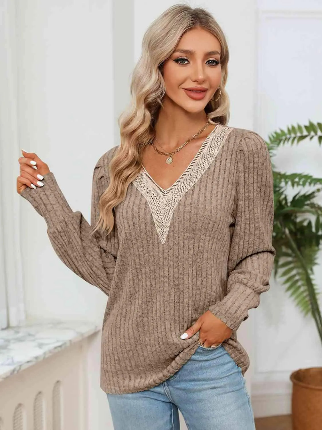 Lace Detail V-Neck Ribbed Blouse Khaki Blouses - Tophatter Daily Deals