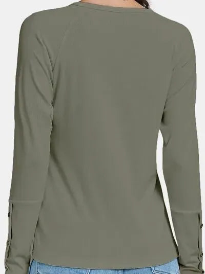 Decorative Button V-Neck Long Sleeve T-Shirt Women's T-Shirts - Tophatter Daily Deals