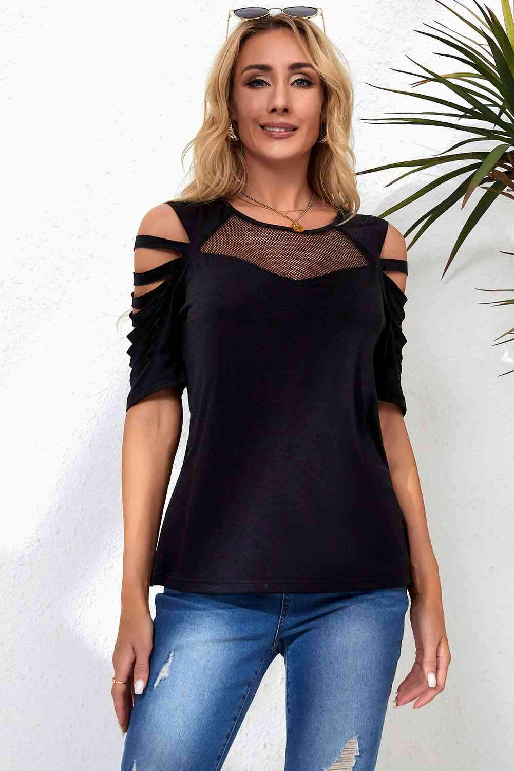 Round Neck Cutout Raglan Sleeve Tee Black Women's T-Shirts - Tophatter Daily Deals