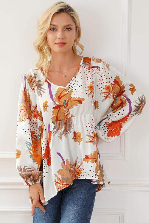 Printed V-Neck Smocked Balloon Sleeve Blouse Blouses - Tophatter Daily Deals