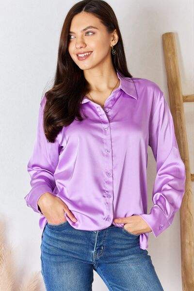Zenana Satin Button Down Long Sleeve Shirt B Lavender Blouses - Tophatter Daily Deals