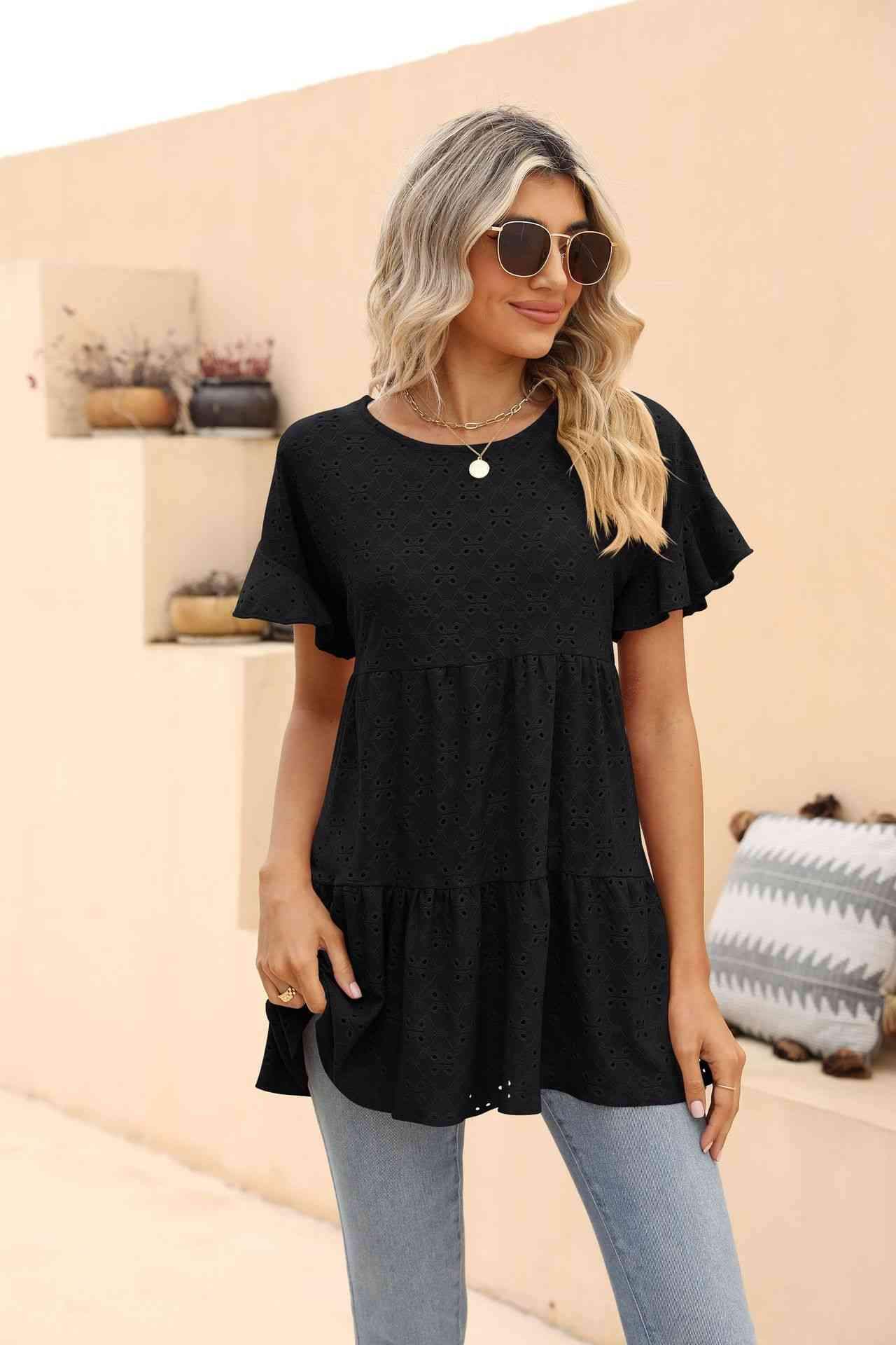 Openwork Round Neck Flounce Sleeve Blouse Black Blouses - Tophatter Daily Deals