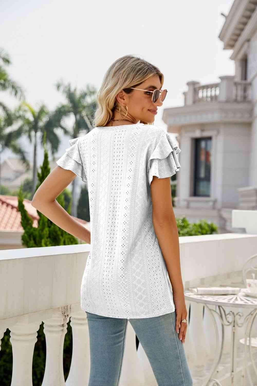 Eyelet Layered Flutter Sleeve V-Neck Top Blouses - Tophatter Daily Deals