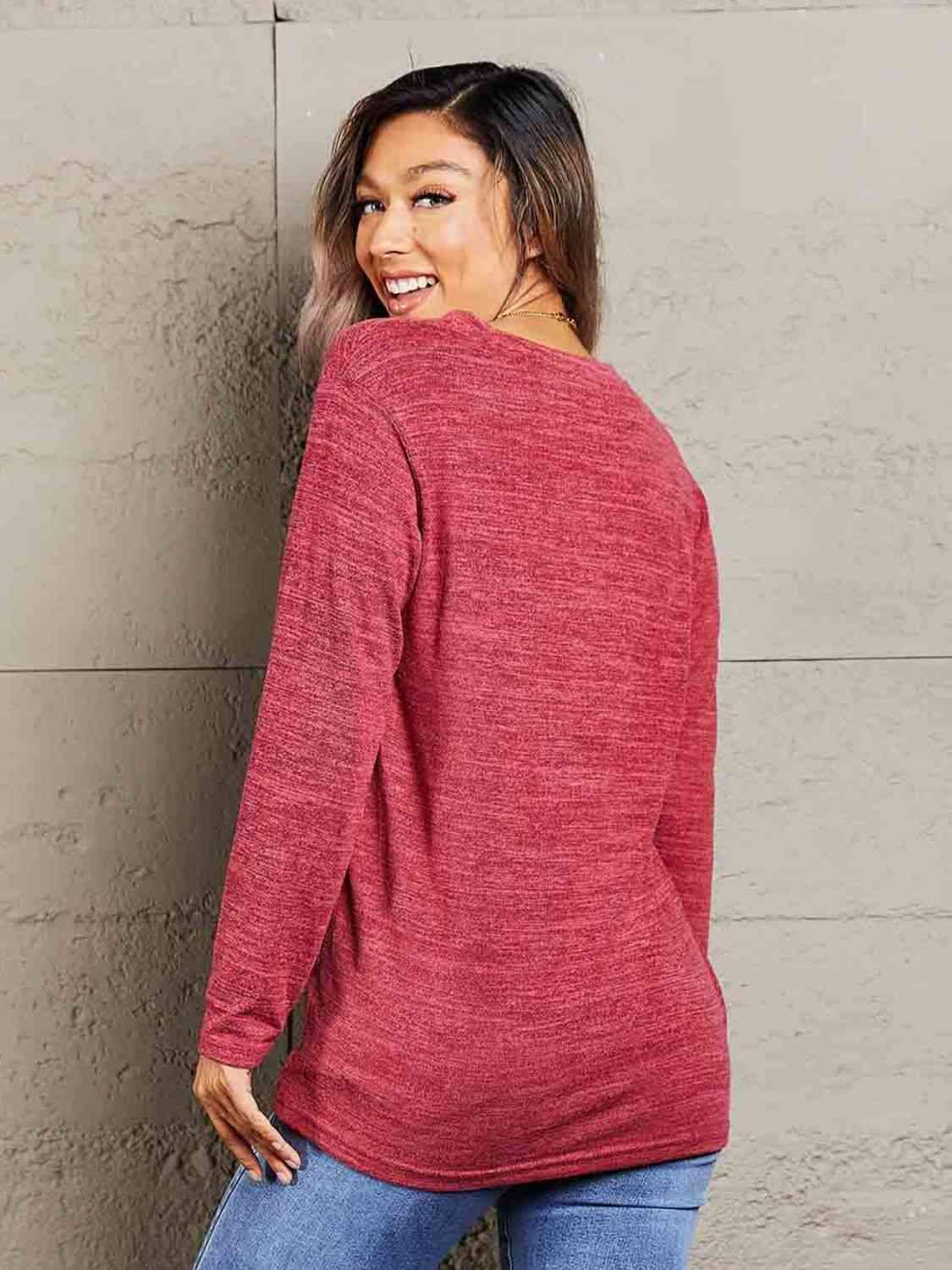 Double Take Buttoned Notched Neck Long Sleeve Top Blouses - Tophatter Daily Deals