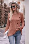 Double Take Ribbed Round Neck Buttoned Long Sleeve Tee Burnt Coral Women's T-Shirts - Tophatter Daily Deals