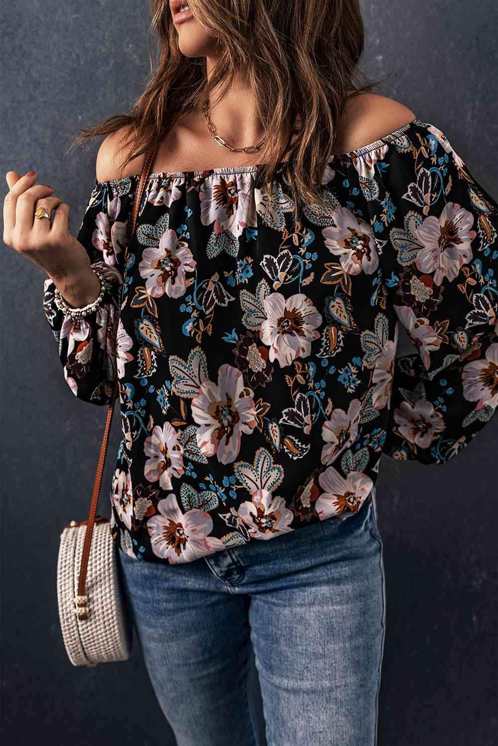 Floral Off-Shoulder Balloon Sleeve Blouse Blouses - Tophatter Daily Deals