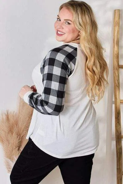 Hailey & Co Full Size Plaid Raglan Sleeve Round Neck Blouse Blouses - Tophatter Daily Deals