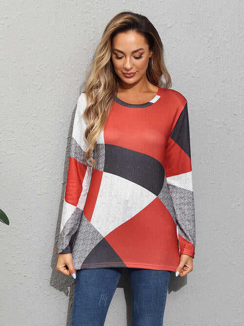 Color Block Round Neck Long Sleeve T-Shirt Brick Red Women's T-Shirts - Tophatter Daily Deals