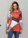 Color Block Round Neck Long Sleeve T-Shirt Brick Red Women's T-Shirts - Tophatter Daily Deals