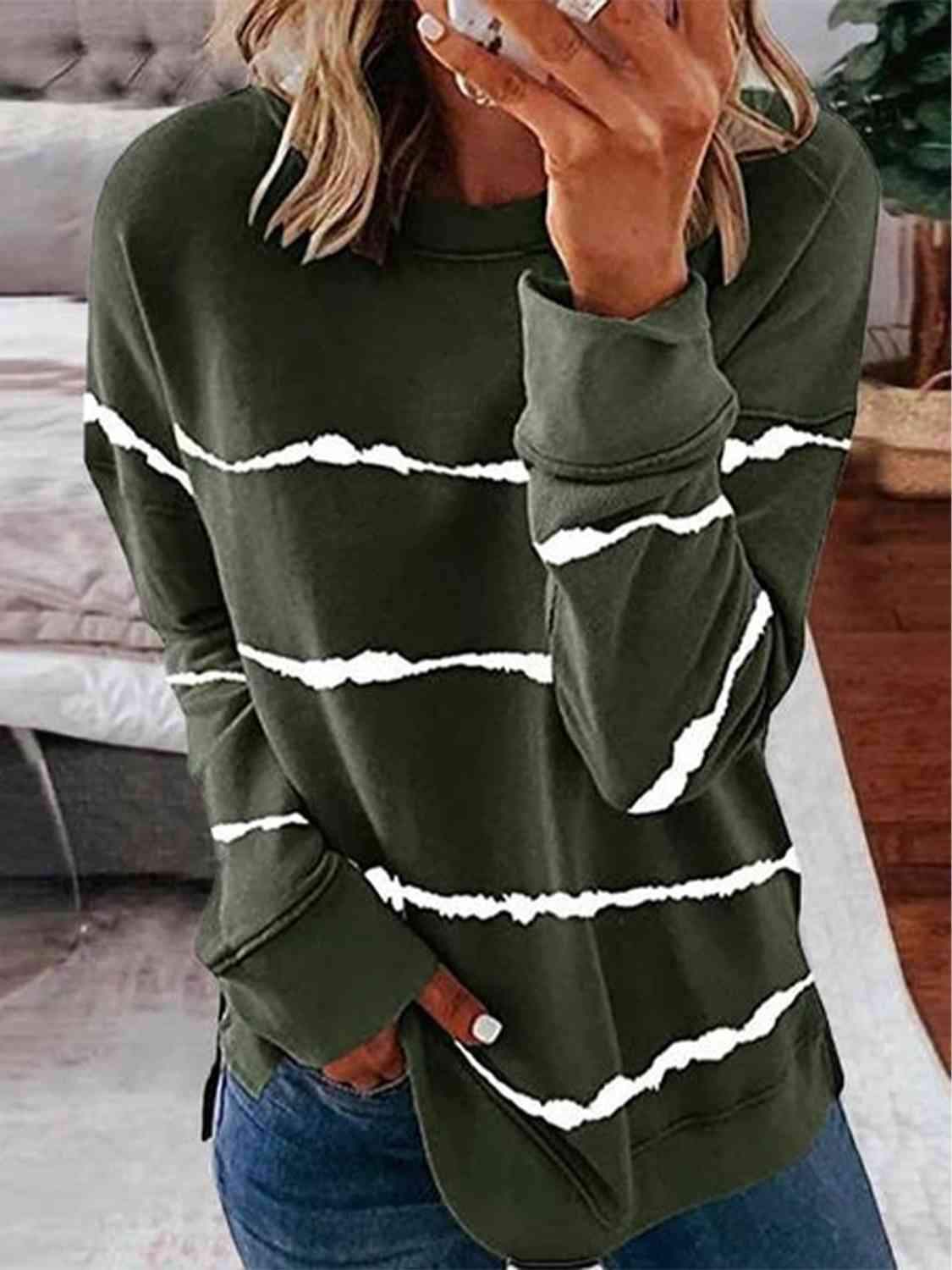 Striped Round Neck T-Shirt Moss Women's T-Shirts - Tophatter Daily Deals