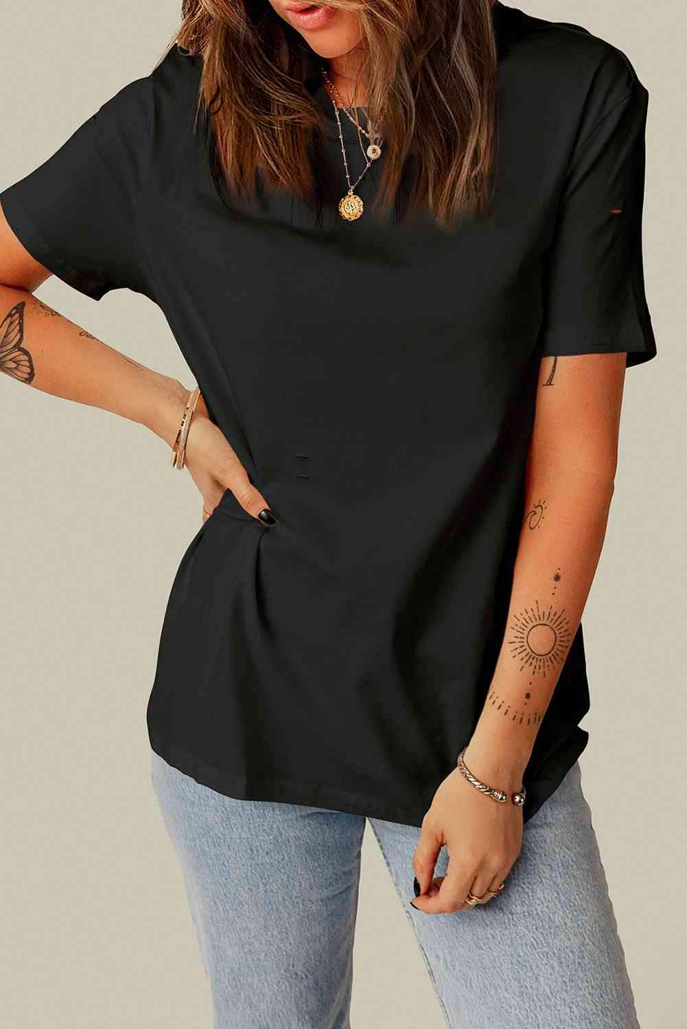 Distressed Round Neck Tee Women's T-Shirts - Tophatter Daily Deals