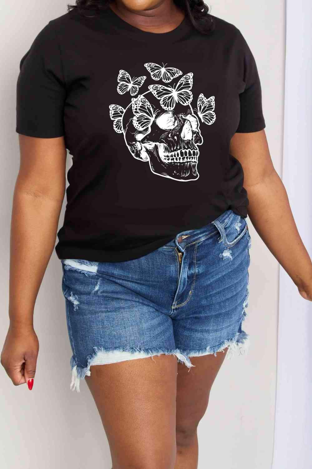 Simply Love Full Size Butterfly Skull Graphic Cotton Tee Women's T-Shirts - Tophatter Daily Deals