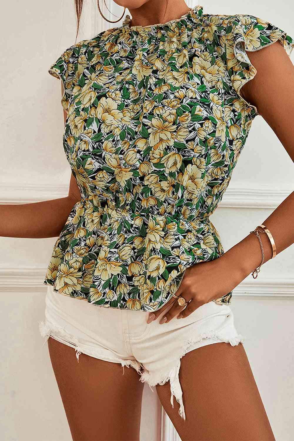 Floral Mock Neck Flutter Sleeve Peplum Top Blouses - Tophatter Daily Deals